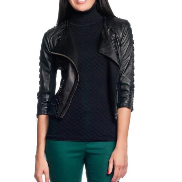 Catherine Malandrino 123JL03 Jacket Noir Cropped Lambskin Leather Black Stud NEW - Picture 2 of 14